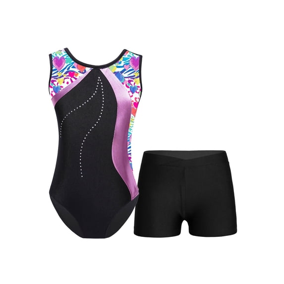 inhzoy Kids Girls Metallic Rhinestones Gymnastics Leotard Shorts Sets Dance Training Gym Suit Colorful Heart-A 12