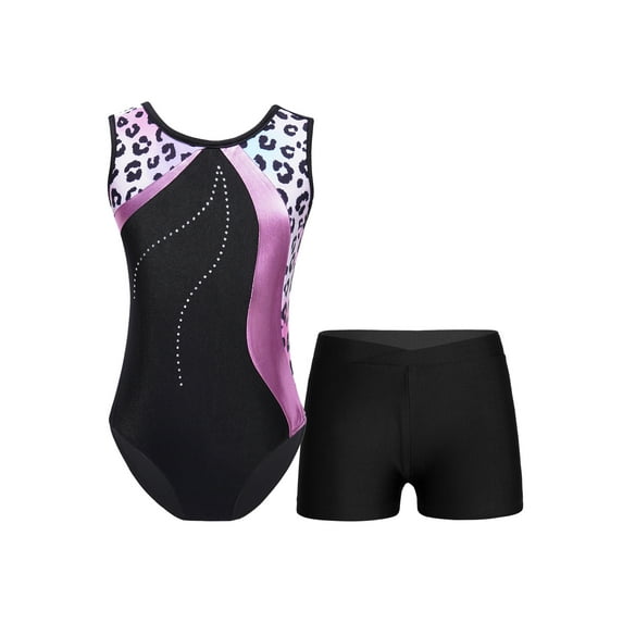 inhzoy Kids Girls Metallic Rhinestones Gymnastics Leotard Shorts Sets Dance Training Gym Suit Pink Leopard-A 10