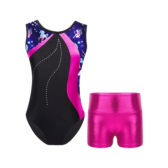 inhzoy Kids Girls Metallic Rhinestones Gymnastics Leotard Shorts Sets Dance Training Gym Suit Rose 14