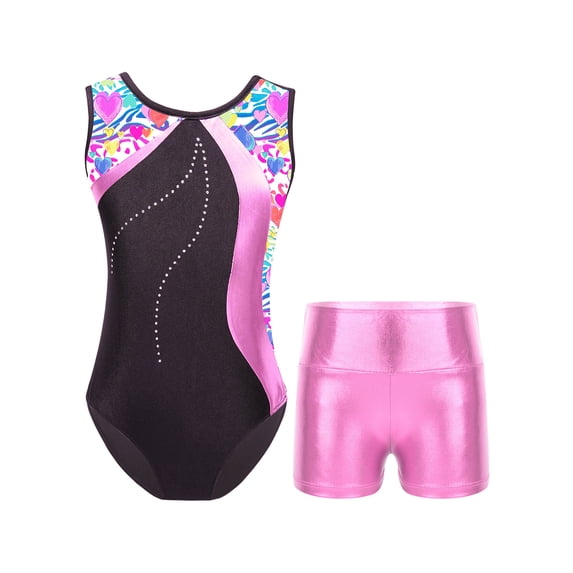 inhzoy Kids Girls Metallic Rhinestones Gymnastics Leotard Shorts Sets Dance Training Gym Suit Zebra 8