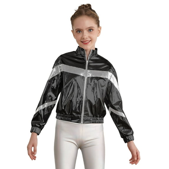 inhzoy Kids Girls Metallic lightweight Zip-Up Bomber Jacket,Sizes 6-16 Black-A 8