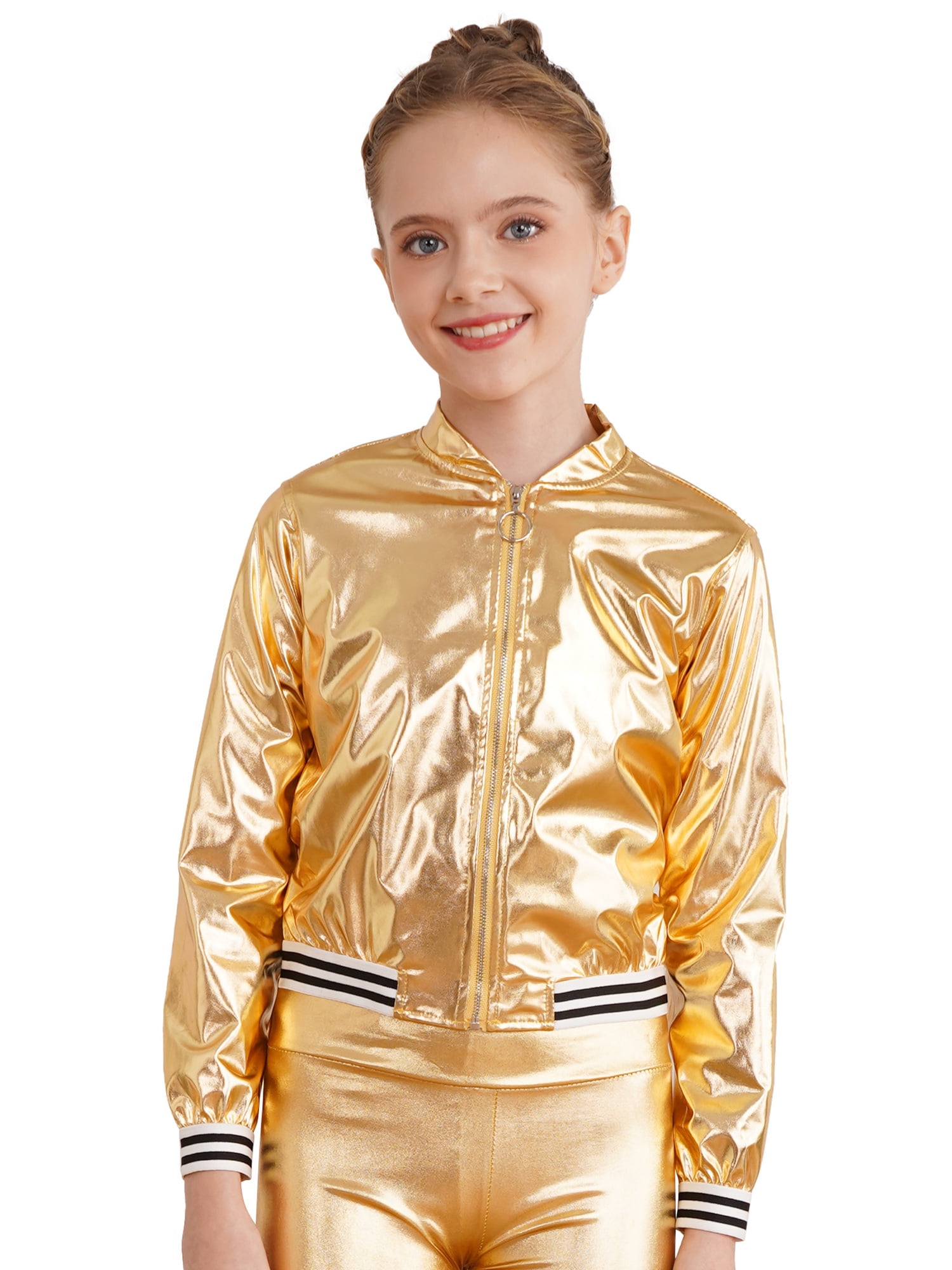 inhzoy Kids Girls Metallic lightweight Zip-Up Bomber Jacket,Sizes
