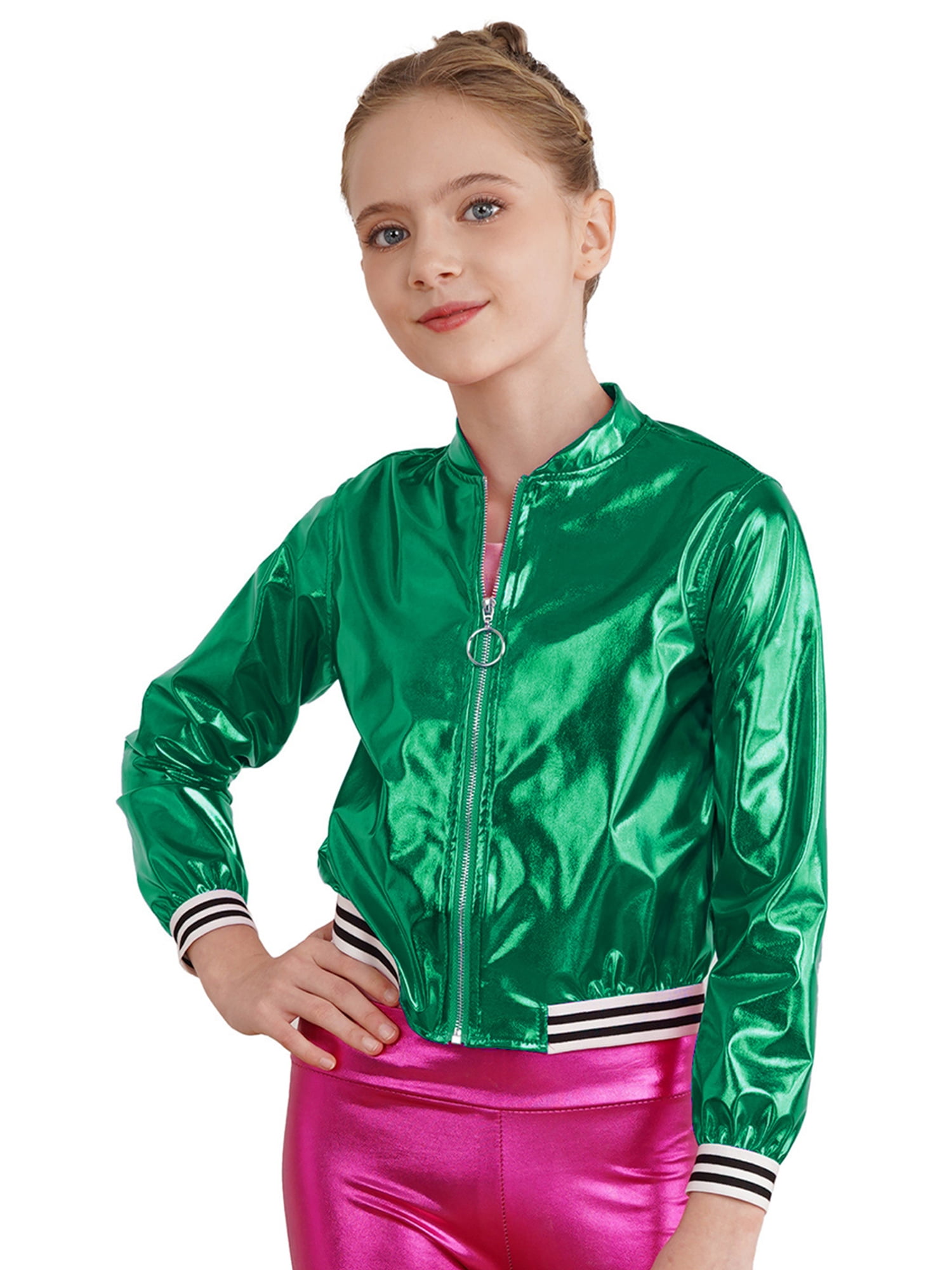 inhzoy Kids Girls Metallic lightweight Zip-Up Bomber Jacket