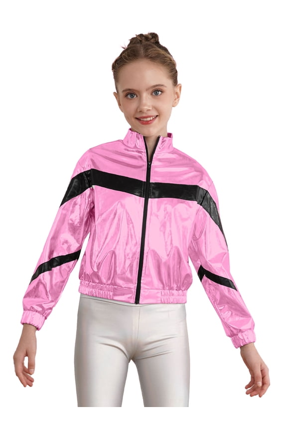 Kids Girls Metallic lightweight Zip-Up Bomber Jacket,Sizes 6-16 Pink-A 10