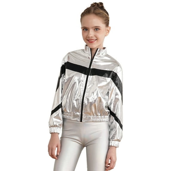 inhzoy Kids Girls Metallic lightweight Zip-Up Bomber Jacket,Sizes 6-16 Silver-A 14