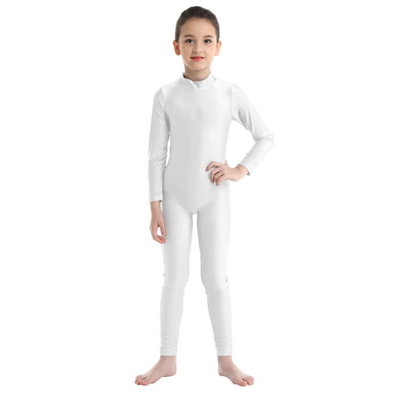inhzoy Kids Girls Mock Neck Gymnastic Dance Leotard Full Cover Jumpsuit Long Sleeve Unitard Biketard Ivory 15-16