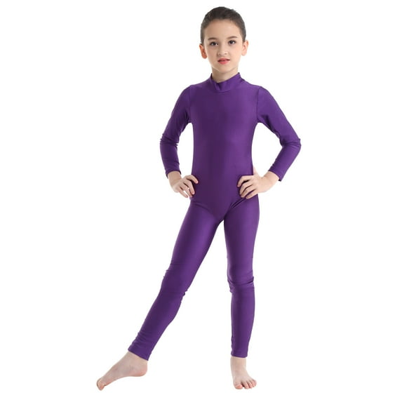 inhzoy Kids Girls Mock Neck Gymnastic Dance Leotard Full Cover Jumpsuit Long Sleeve Unitard Biketard Purple 5-6