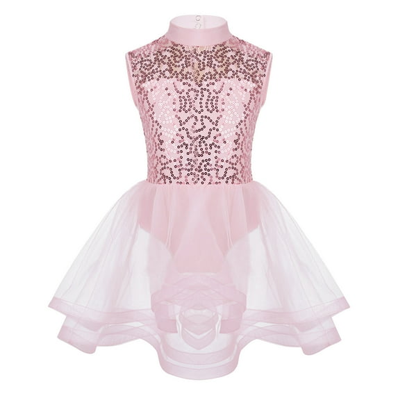 inhzoy Kids Girls Mock Neck Sequins Mesh Tutu Leotard Dress