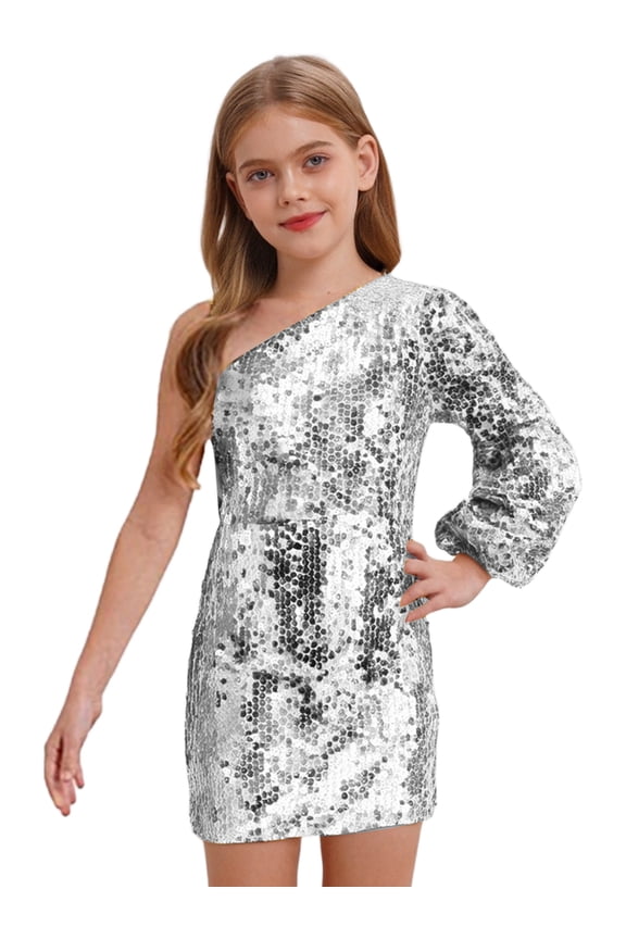 Kids Girls One Shoulder Long Sleeve Sparkle Sequin Mini Dress Dance Prom Gown Party Dress Silver 6
