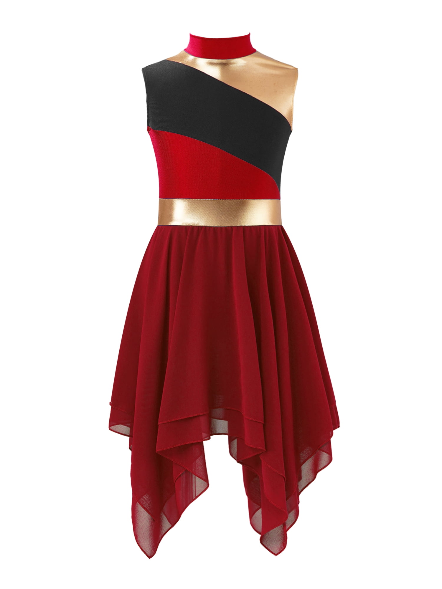 Renvena Girls Metallic Liturgical Praise Dance Color Block Long Sleeve Asymmetrical Worship Dress Size 4 16 Red 8