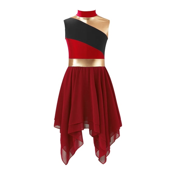 inhzoy Kids Girls Praise Lyrical Dance Dress Sleeveless Color Block Liturgical Worship Tunic Dancewear 6-16 Burgundy 16