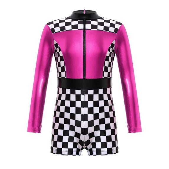 inhzoy Kids Girls Race Car Driver Racer Dress-Up Shiny Checkerboard Jumpsuit Bodysuit Leotard Hot Pink 10