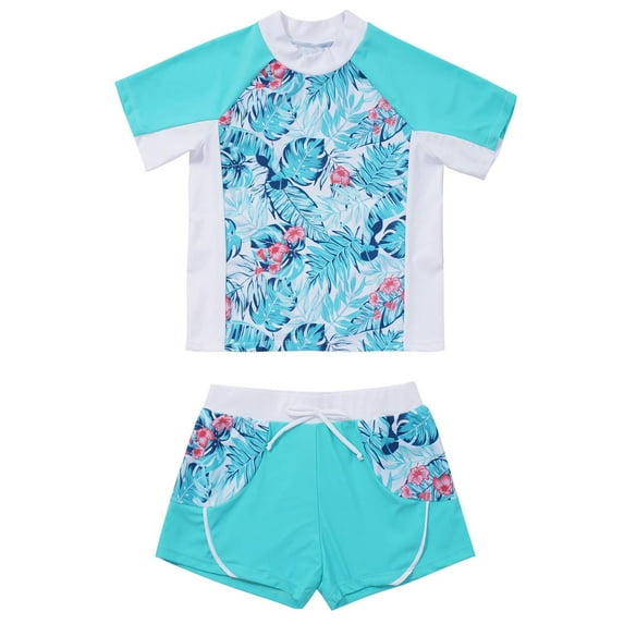 inhzoy Kids Girls Rash Guard Swim Shirt Tankini Bikini Set Shorts Tropical Leaves 14