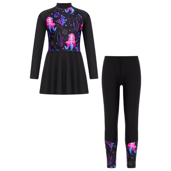 inhzoy Kids Girls Rash Guard Swimsuit Floral Long Sleeve Swim Dress Swim Leggings Beach Swimwear 2PCsBlack-A 8