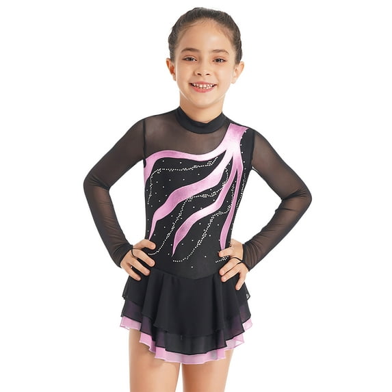 inhzoy Kids Girls Rhinestone Mesh Ice Figure Skating Dress Tutu Skirted Leotard Dancewear Pink 14