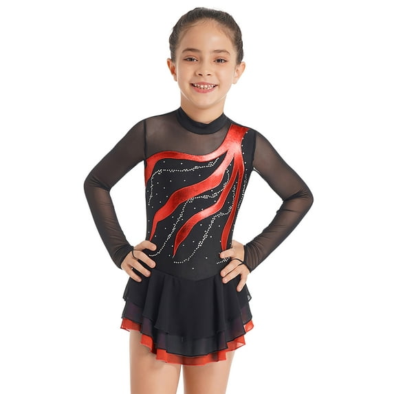 inhzoy Kids Girls Rhinestone Mesh Ice Figure Skating Dress Tutu Skirted Leotard Dancewear Red 6