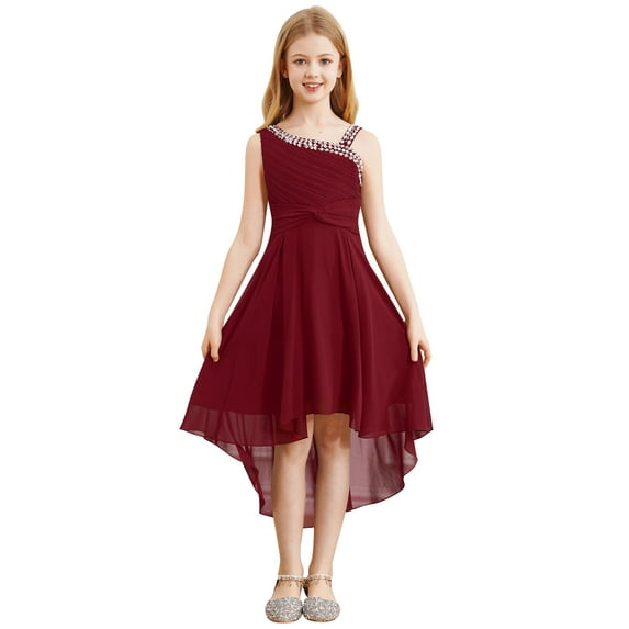 inhzoy Kids Girls Rhinestones Bridesmaid Dress Shiny High Low Flower Girls Gowns,Sizes 6-16 Burgundy 6