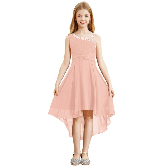 inhzoy Kids Girls Rhinestones Bridesmaid Dress Shiny High Low Flower Girls Gowns,Sizes 6-16 Pink 10