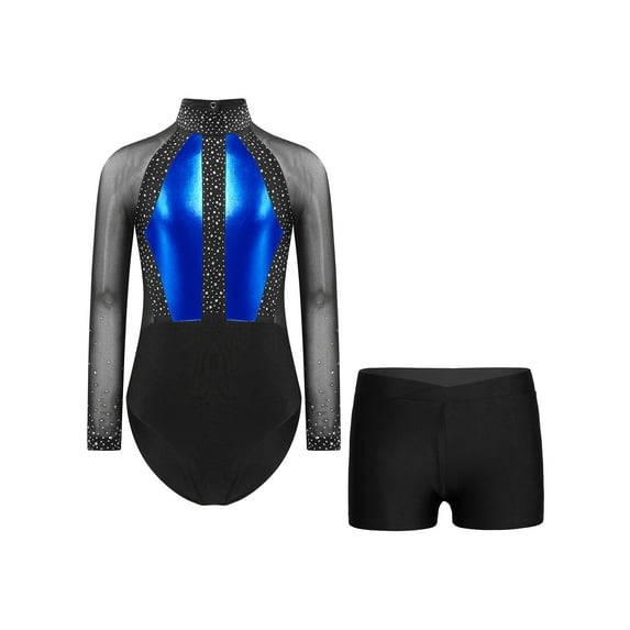 inhzoy Kids Girls Rhinestones Long Sleeve Gymnastics Leotard Sheer Mesh Ballet Dance Unitard Tracksuit Blue&Black 8