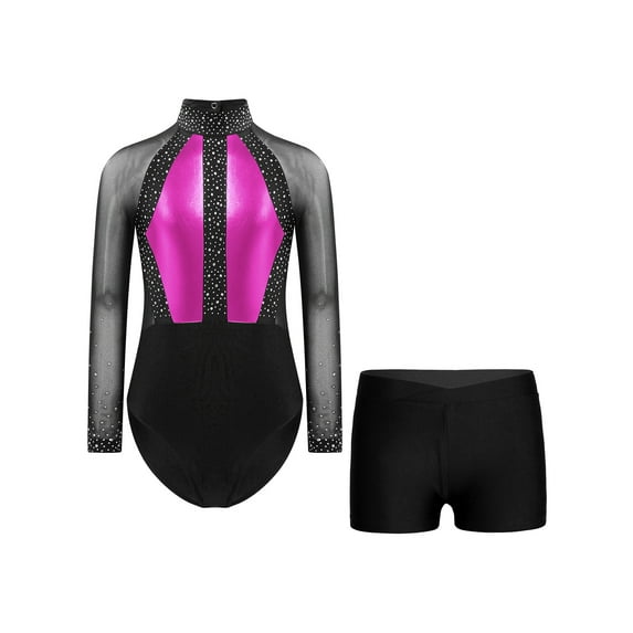 inhzoy Kids Girls Rhinestones Long Sleeve Gymnastics Leotard Sheer Mesh Ballet Dance Unitard Tracksuit Hot Pink&Black 14