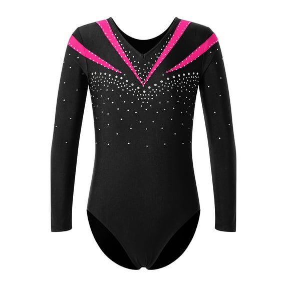 inhzoy Kids Girls Rhinestones V-Neck Gymnastic Leotard Bodysuit Tops,Sizes 6-16 Hot Pink 14