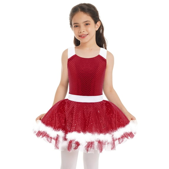 inhzoy Kids Girls Sequins Ballet Tutu Dress Leotard Xmas Mrs Santa Ice Skating Cosplay Costume Red 12