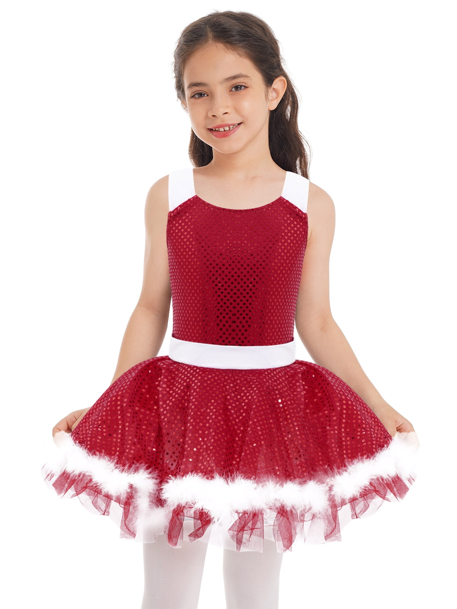 inhzoy Kids Girls Sequins Ballet Tutu Dress Leotard Xmas Mrs Santa Ice Skating Cosplay Costume Red 16