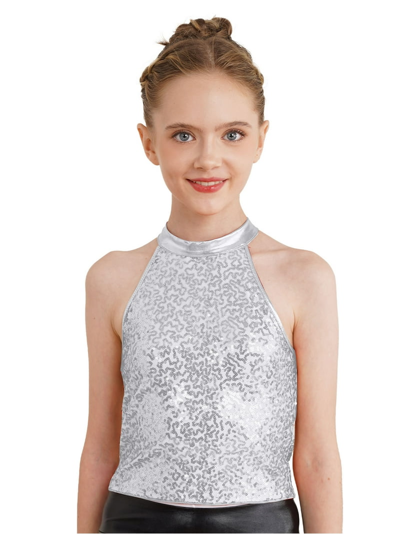 inhzoy Kids Girls Sequins Crop Vest Top Jazz Hip Hop Modern Dance