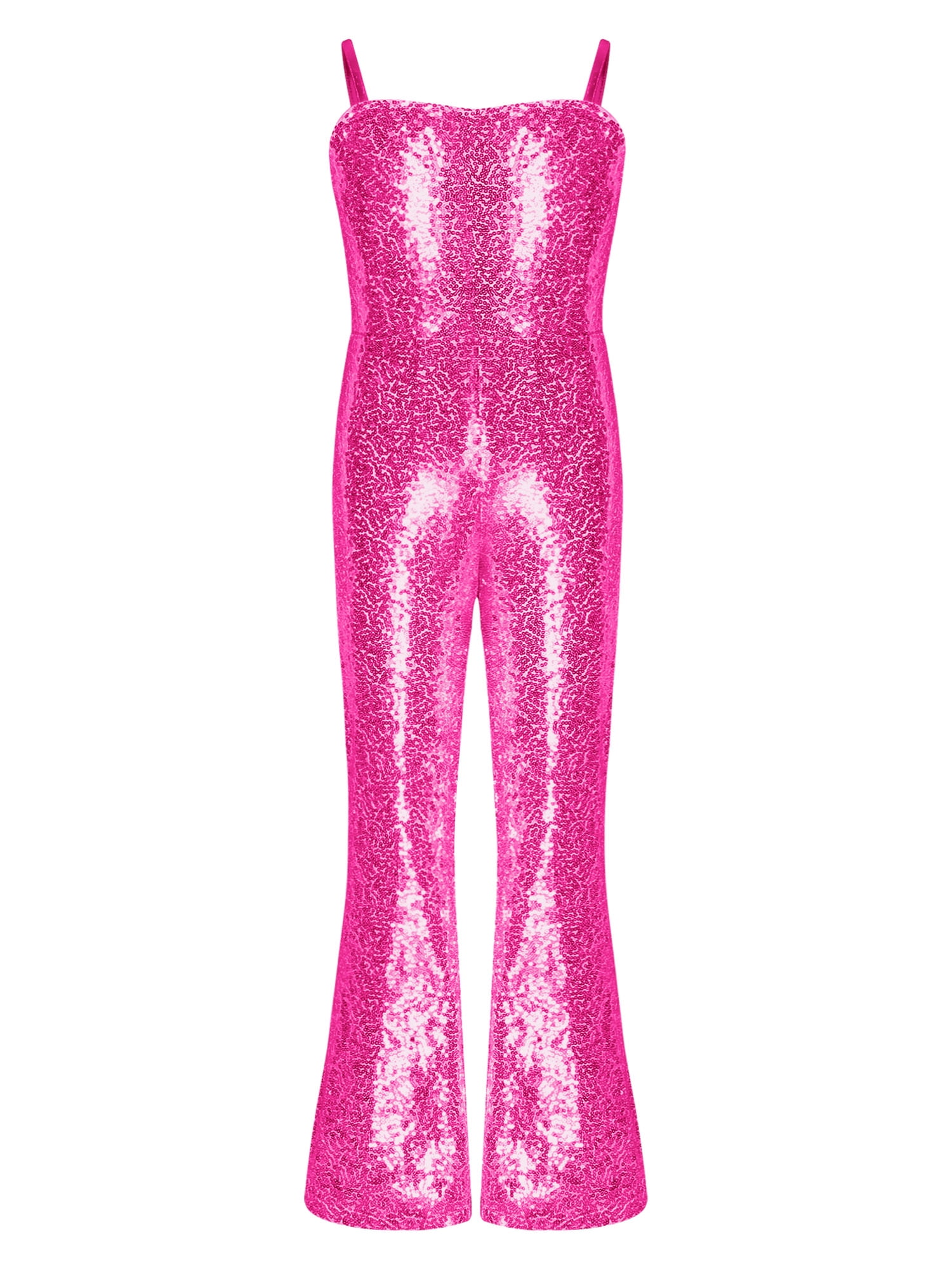 Inhzoy Girls Silver Sequins Dance Jumpsuit, Adjustable Straps