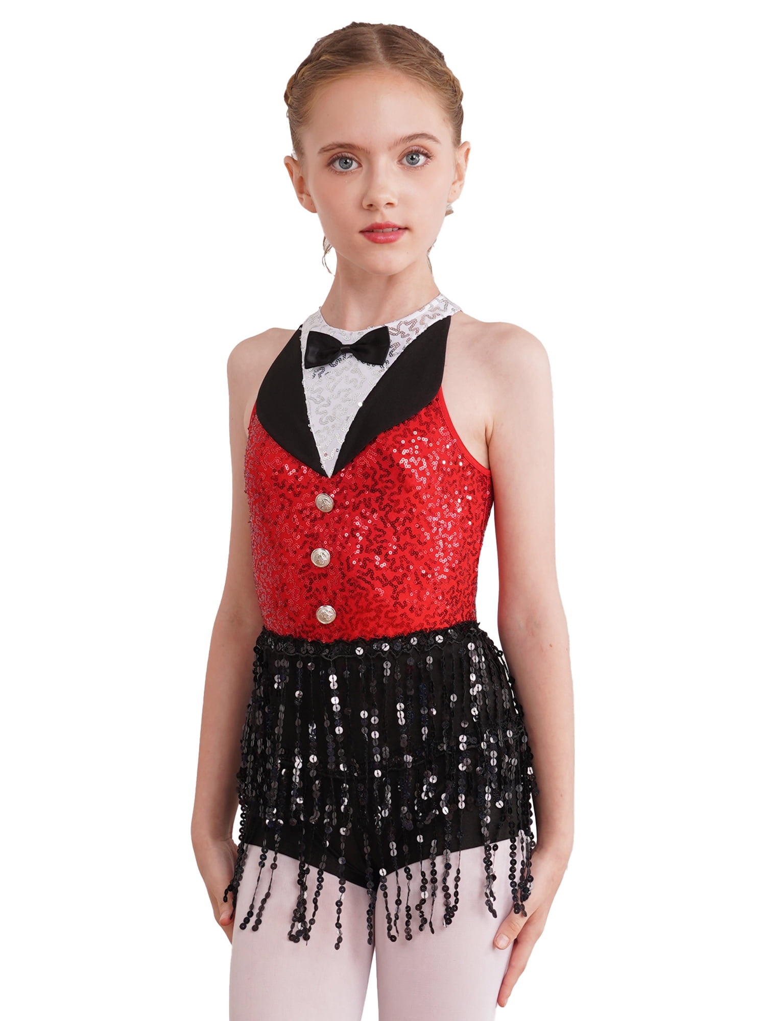 inhzoy Kids Girls Sequins Latin Jazz Dance Dress Tuxedo Tassel Leotard Dress,Sizes  6-16 Red 6 - Walmart.com