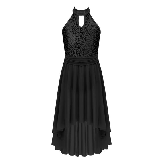 inhzoy Kids Girls Sequins Lyrical Dance Dress Halter Neck Ballet Figure Skating Dance Leotard Dress Black 16