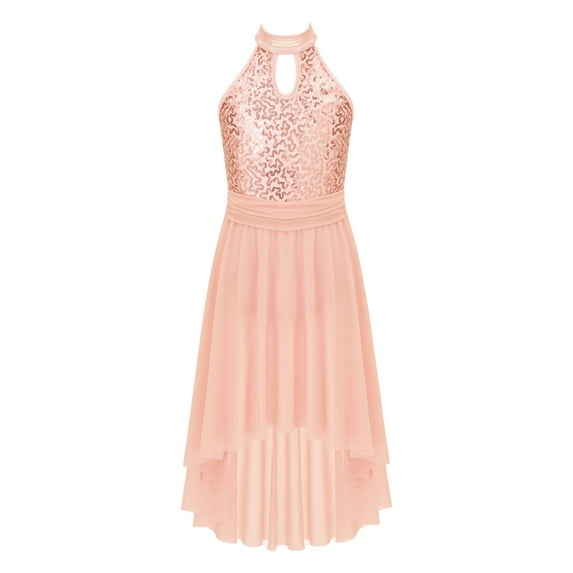 inhzoy Kids Girls Sequins Lyrical Dance Dress Halter Neck Ballet Figure Skating Dance Leotard Dress Orange Pink 6