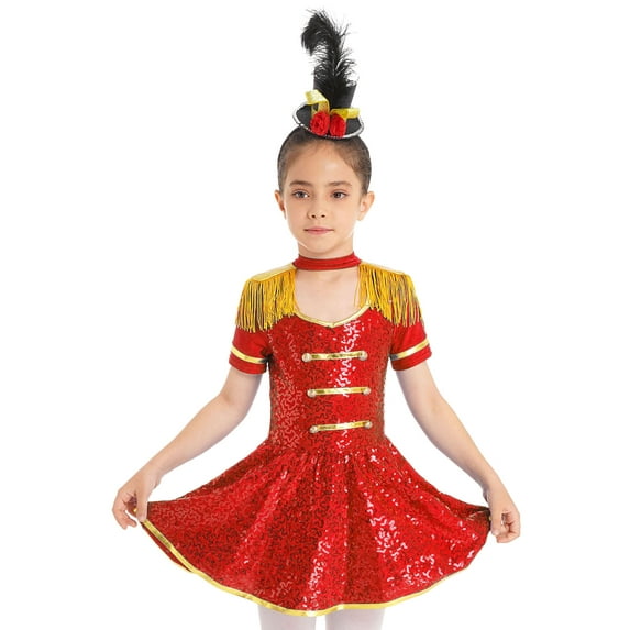 inhzoy Kids Girls Sequins Majorette Drum Major Costume Tassel Circus Uniform Leotard Dress Red-A 8