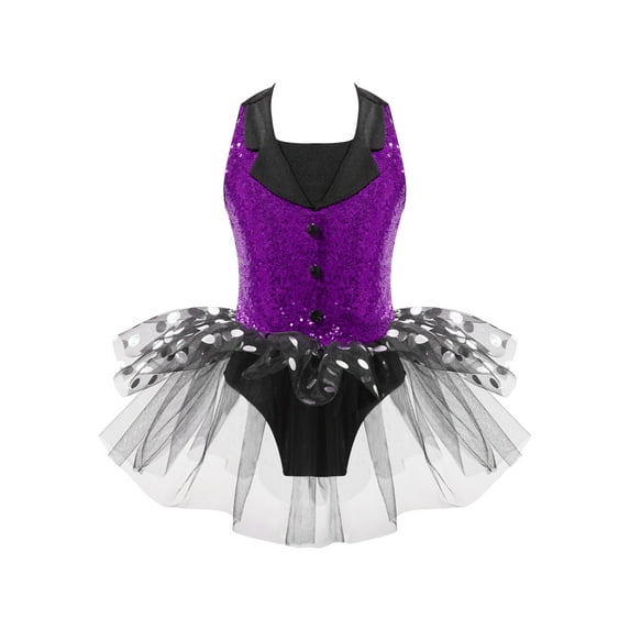 inhzoy Kids Girls Sequins Sleeveless Tutu Dress for Ballet Dance Performance Modern Latin Jazz Leotard Dress Purple 6