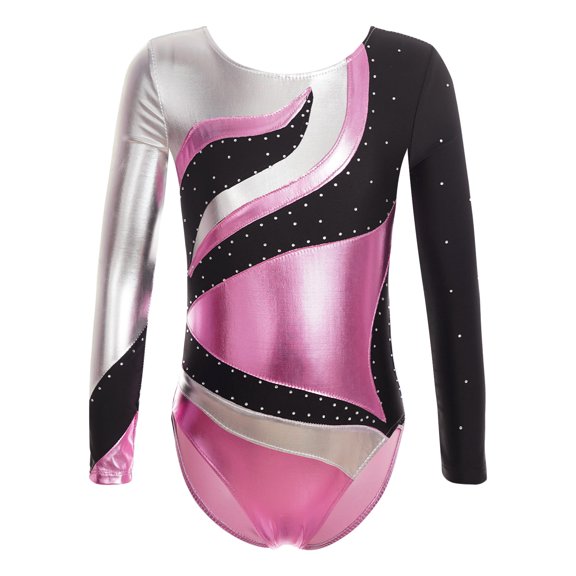 inhzoy Kids Girls Shiny Metallic Athletic Gymnastics Leotard Unitard Baton Twirling Dance Costume Pink 8