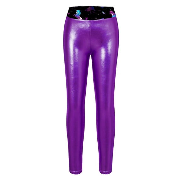 inhzoy Kids Girls Shiny Metallic Gymnastic Dance Sports Pants Leggings Purple 14