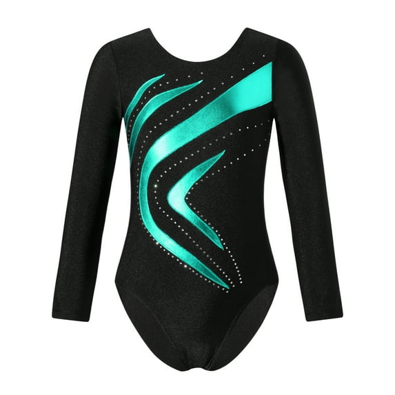 inhzoy Kids Girls Shiny Metallic Gymnastic Dance Suit Long Sleeve Bodysuit Leotard with Shorts,Sizes 4-14 Blue Green 10
