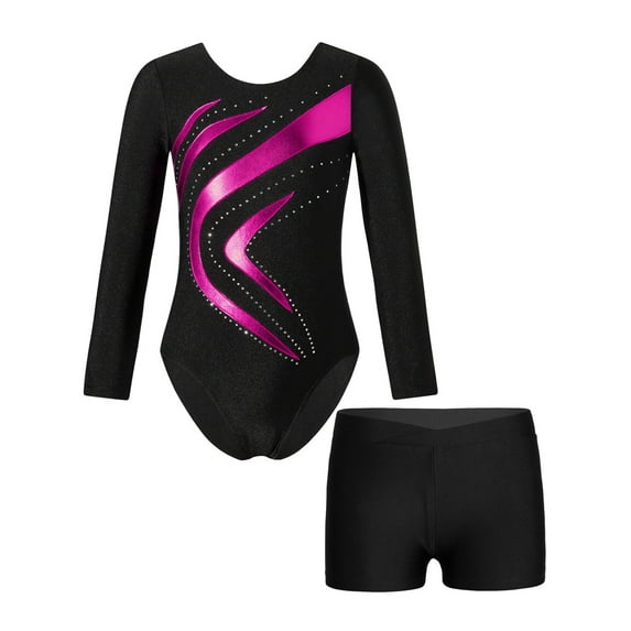 inhzoy Kids Girls Shiny Metallic Gymnastic Dance Suit Long Sleeve Bodysuit Leotard with Shorts,Sizes 4-14 Hot Pink-A 8