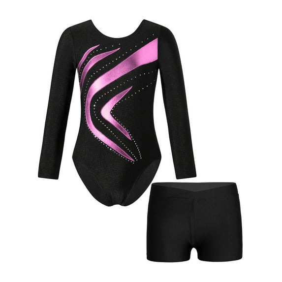 inhzoy Kids Girls Shiny Metallic Gymnastic Dance Suit Long Sleeve Bodysuit Leotard with Shorts,Sizes 4-14 Pink-A 10
