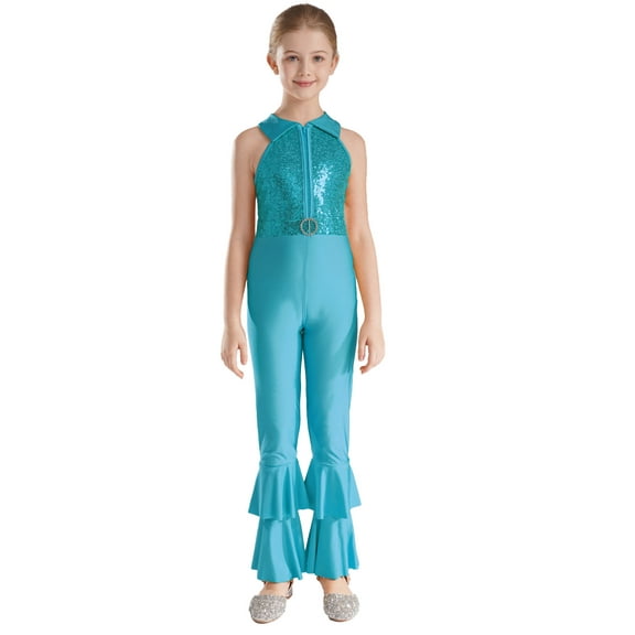 inhzoy Kids Girls Shiny Metallic Sequin Gymnastics Leotard Bell-bottom Full Body Unitard Blue 12