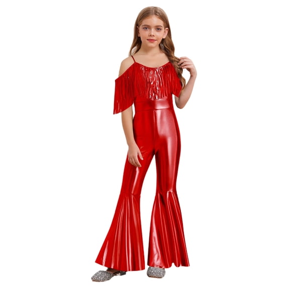 inhzoy Kids Girls Shiny Metallic Tassels Flared Jumpsuit Bell Bottom Spaghetti Strap Disco Party Outfits Red 8