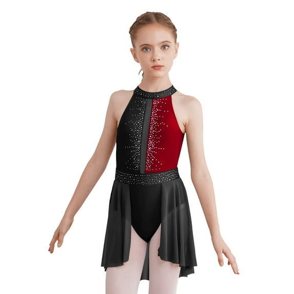 inhzoy Kids Girls Shiny Rhinestone Sleeveless Figure Skating Dress Black&Burgundy 10