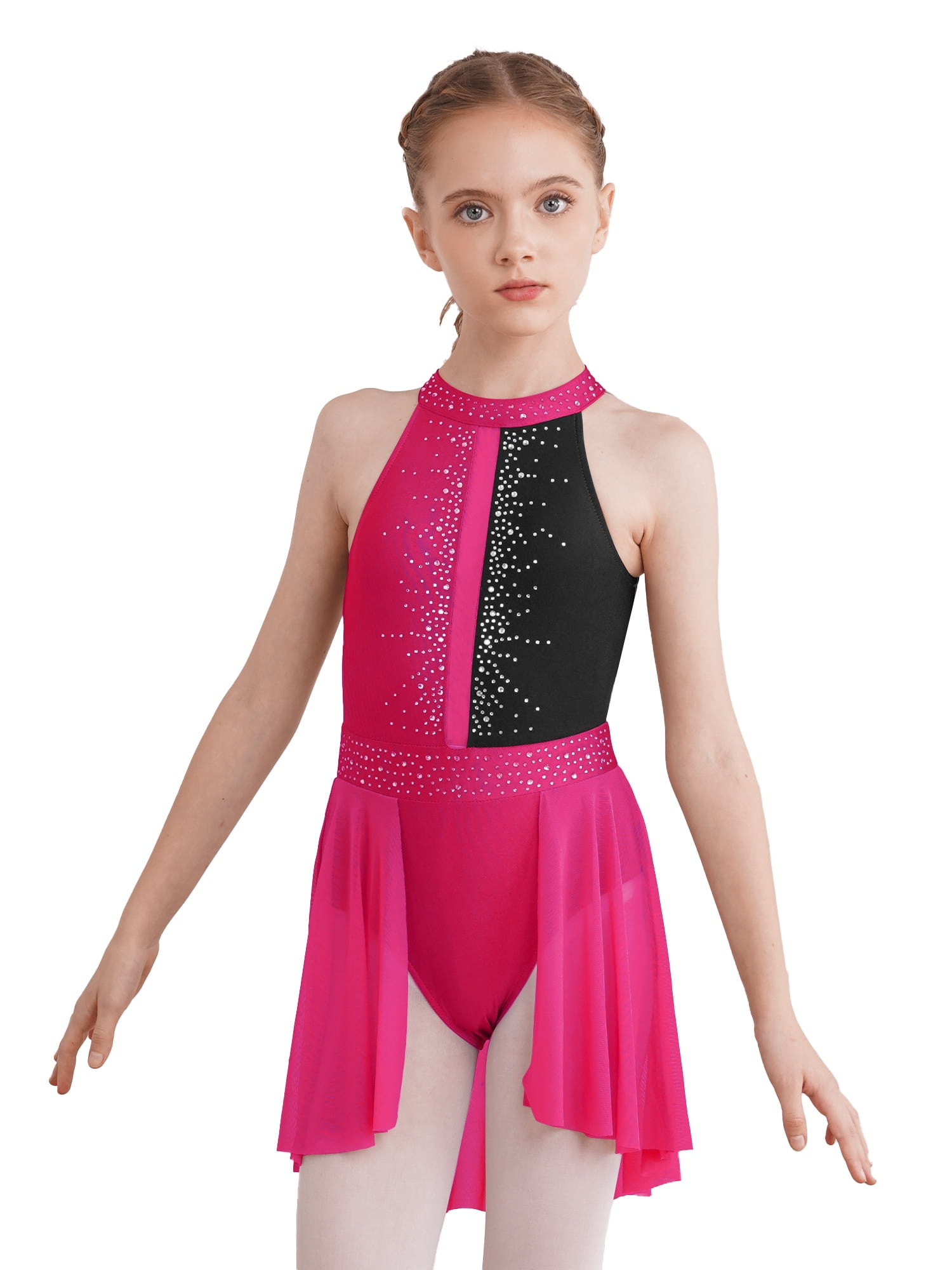 hot pink skating dress inhzoy Kids Girls Shiny Rhinestone Sleeveless Figure Pink&Black 6 romantic pink figure skating dress