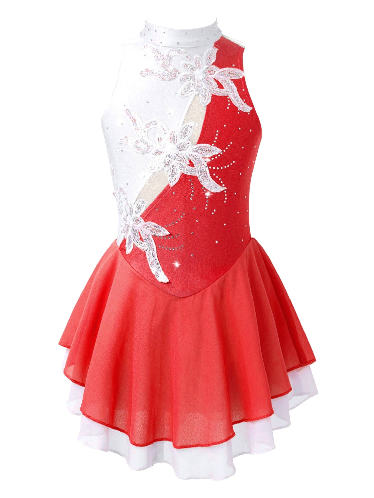 Girls Rhinestones Figure Ice Skating Dress Sleeveless Ballet Leotard Dancewear