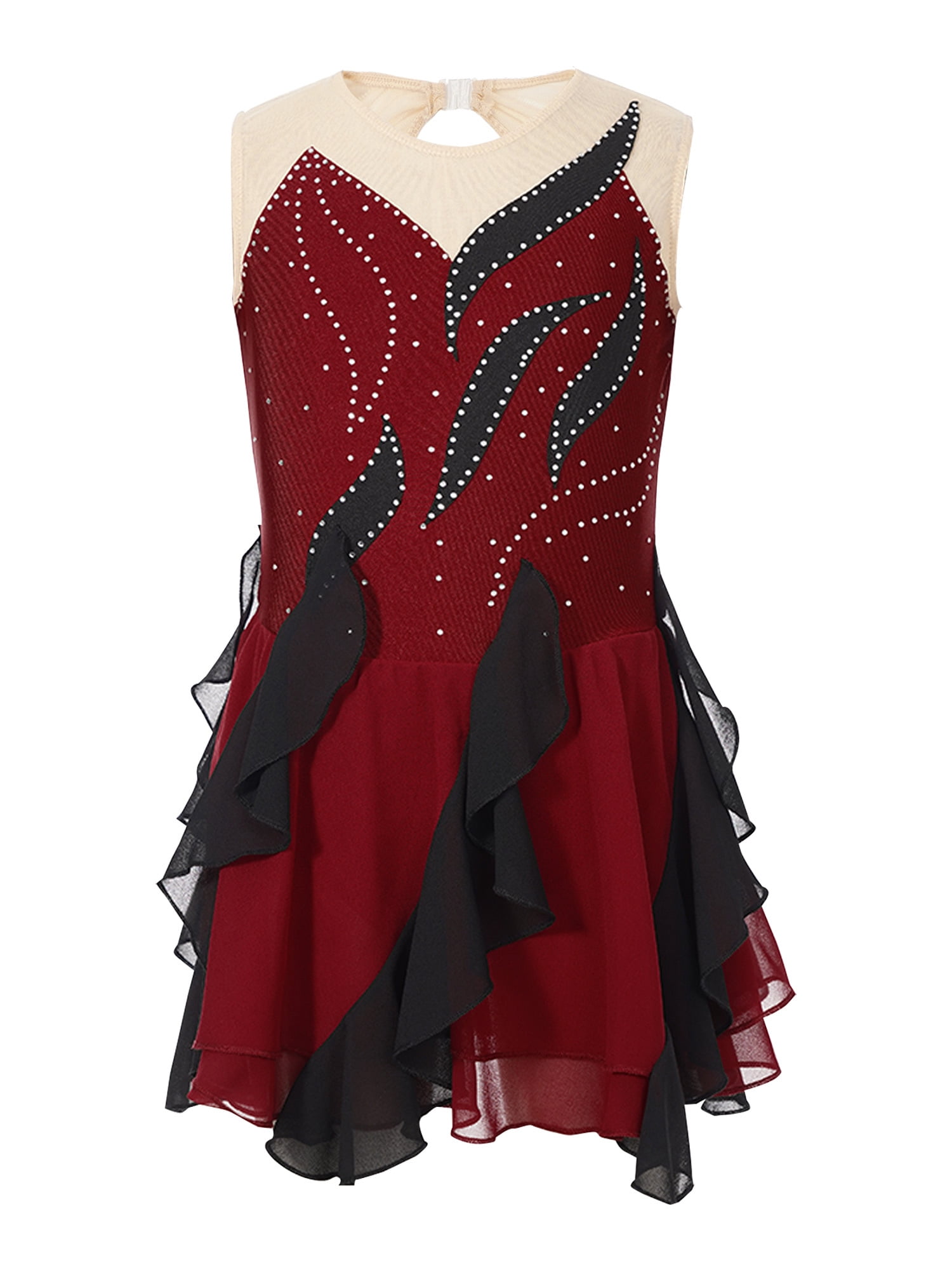 inhzoy Kids Girls Shiny Ruffle Figure Skating Dance Dress Sleeveless