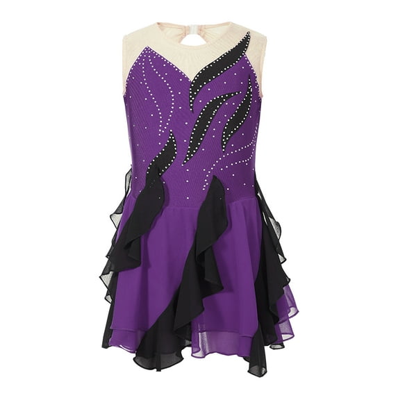 inhzoy Kids Girls Shiny Ruffle Figure Skating Dance Dress Sleeveless Lyrical Ballet Dancewear Purple 14