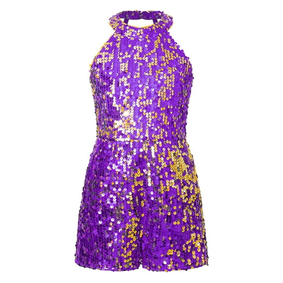 inhzoy Kids Girls Shiny Sequins Ballet Jazz Latin Dance Romper Jumpsuit Halter Neck Stage Performance Costume,Sizes 6-14 Purple 14