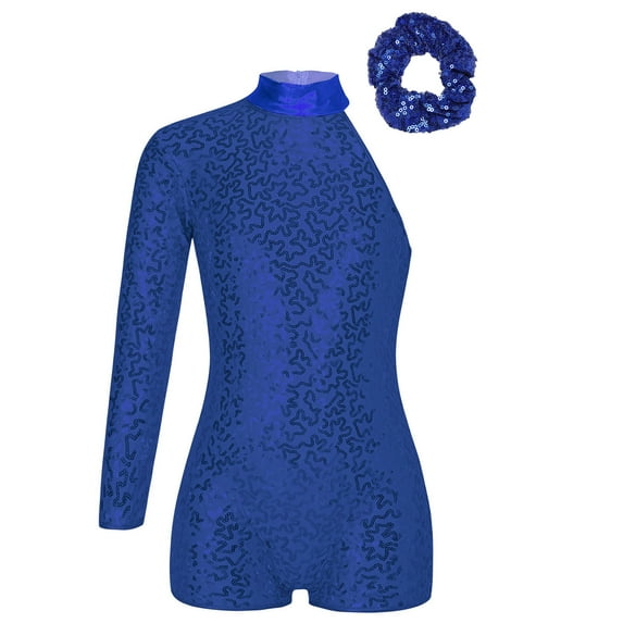 inhzoy Kids Girls Shiny Sequins Dance Leotard Single Long Sleeve Gymnastic Athletic Biketard Unitard Jumpsuit Blue-A 14