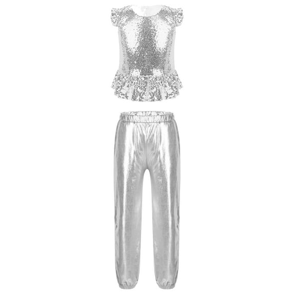 inhzoy Kids Girls Shiny Sequins Jazz Hip Hop Dance Costumes Set Stage Performance Ruffled Sleeve Crop Top with Pants Silver 10