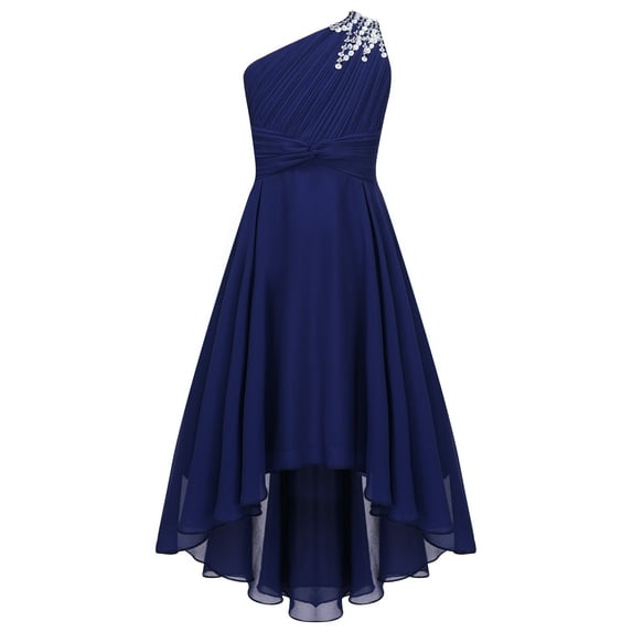 inhzoy Kids Girls Single Shoulder Bridesmaid Princess Dress High Low Evening Party Formal Gowns Navy Blue 10